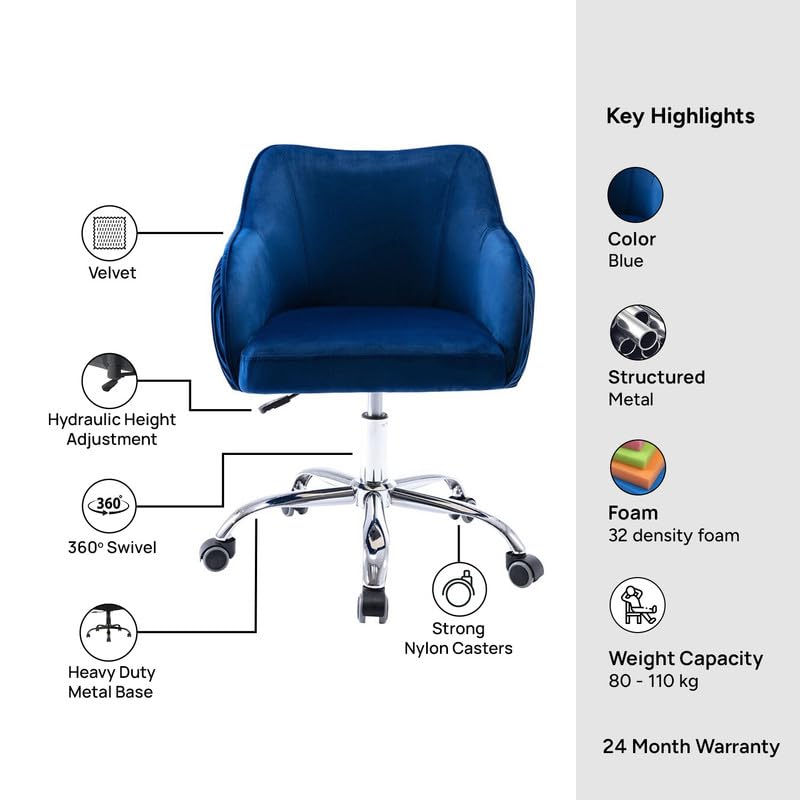 Image of Velvet Office Chair for Home & Office | 360 Swivel Ergonomic Study Armchair | 1-Seater Revolving Computer Desk Chair | Sofa Chair for Adults & Students | Royal Blue 17 inch Inche Height