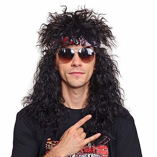 80S Wig With Bandana For Men Long Curly Black Rocker Cosplay Wig For Halloween #TOP2