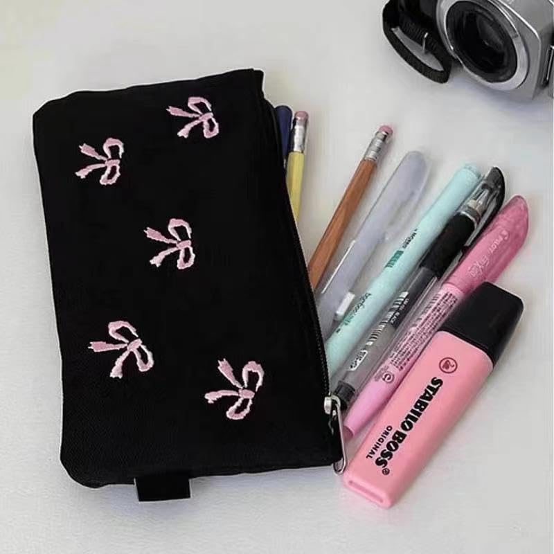 Image of Coquette Pencil Case Bow Pencil Pouch Cute Aesthetic Pencil Case Black Large Pen Pouch Holder Preppy Supplie (Pink)