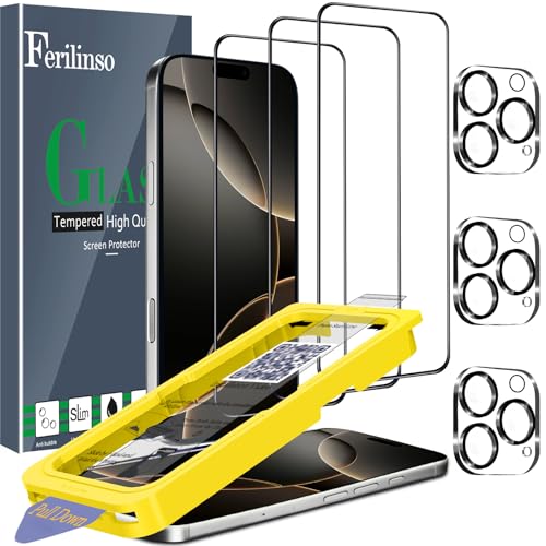 Ferilinso 3 Pack Screen Protector for iPhone 16 Pro Max 9H Military-Grade Shatterproof Tempered Glass Dust Removal Tray Dynamic Island Compatible Case Friendly with Camera Lens Protectors