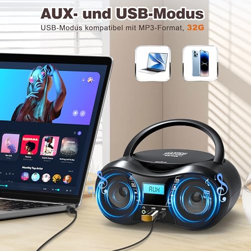 Greadio Tragbarer CD Player Bluetooth 5.1, Boombox CD Spieler – Ansicht 5