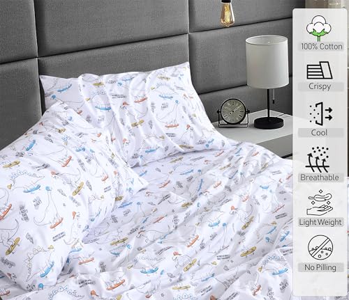 RUVANTI 100% Cotton Sheets Queen Size Set, 4 Pieces, Soft & Breathable Percale Weave Bedding, Deep Pocket 16", Hotel Standard, Crisp Cool Feeling, Durable, Perfect Floral Bed Sheet, Dino