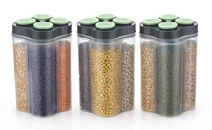 MEELANA Airtight Transparent Plastic Jar for kitchenn storeage Lock Food Storage 4 Section Container Grocery, Fridge Containers, Kitchen Storage jar Box & Container (Green pack of 3) (B0B7F5V7S4) Amazon Price History, Amazon Price Tracker