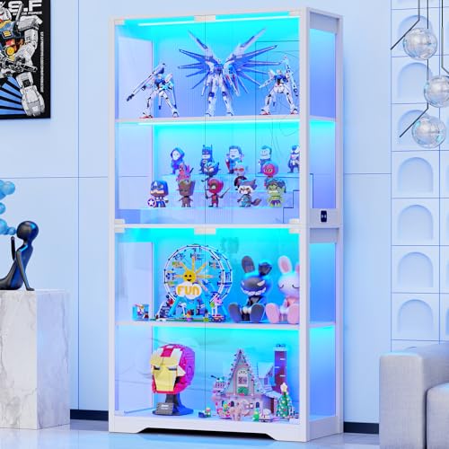 BROTTAR Vitrine mit LED Beleuchtung und Glastüren, Sammlervitrine, Vitrinenschrank mit Intelligente Sensorik, 4-Lagen Vitrine Weiß Glasvitrine Staubdicht für Wohnzimmer Schlafzimmer Büro, Weiß BROTTAR Vitrine mit LED Beleuchtung und Glastüren, Sammlervitrine, Vitrinenschrank mit Intelligente Sensorik, 4-Lagen Vitrine Weiß Glasvitrine Staubdicht für Wohnzimmer Schlafzimmer Büro, Weiß