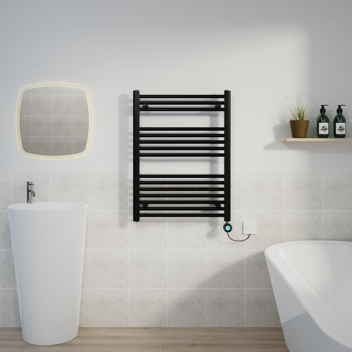 Warmehaus Black Electric Heated Towel Rail Straight Thermostatic Bathroom Towel Radiator With Timer - 800X600mm 400W
