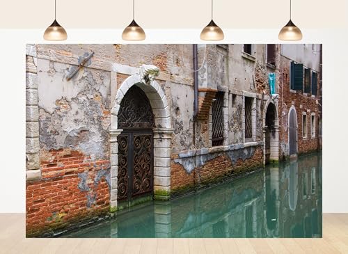 LidyMini 5x3ft Fabric Venice Weathered Facade Backdrop Rustic Brick Walls Iron Gates Water Reflections Photography Background Italian Historic Scene Party Decor Home Tapestry Photo Props