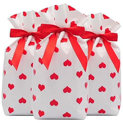 Valentines Day Red Cellophane Bags, 50 Packs Heart Theme Plastic Treat Bags Candy Cookies Goodies Snack Gift Bags for Wedding Christmas Party Wrap Supplies Cover