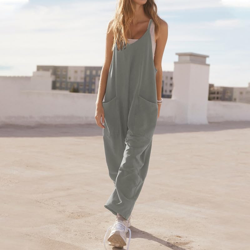 Litthing Salopette Femme Jambe Large Combinaison Pantalon Décontracté Avec Poches Ample Taille Fermeture Éclair Jumpsuit Bretelles Fines Grand Baggy Doux Confort Bodycon