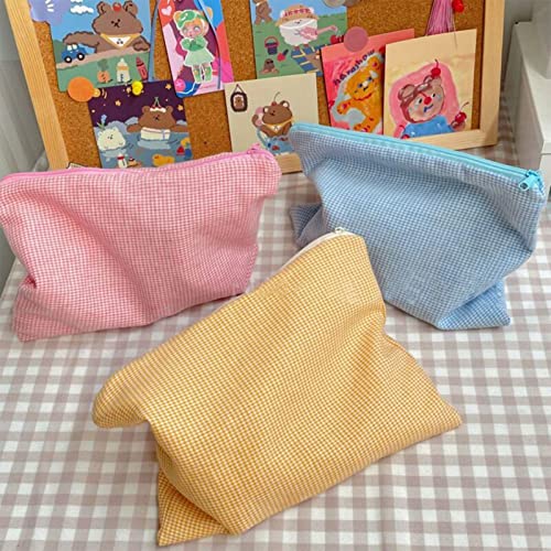 Cosmetic Bags For Women - 3 Pieces Plaid Makeup Bag Makeup Pouch Travel Toiletry Bag Organizer Cute Zipper Pouch Large Capacity Makeup Brushes Storage Bag For Women,Blue Yellow Pink #TOP5