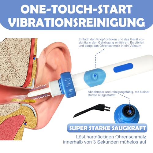 Oroclear Ohrenschmalz-Sauger, Ohrenreiniger Entferner, Ohrenschmalz-Reiniger, Sicheres Und Weiches Ear Cleaner mit 2 Waschbaren Ersatzköpfen, für Erwachsene, Kinder und ältere Me