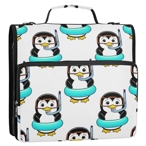 かわいいペンギン ホワイトジッパーバインダーオーガナイザー 1 1/2インチ 3リングバインダー Dリングキーパー バインダーバッグ ストラップ付き 学校ポートフォリオ用 500枚ホルダー