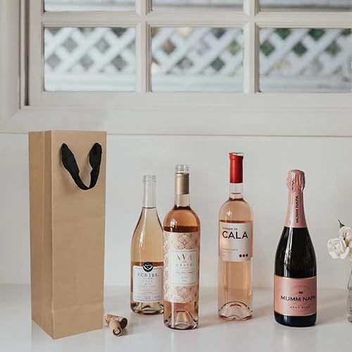 Miniatura 5 de Bolsas de regalo para botella de vino marrón a granel, paquete de 10 bolsas de regalo de papel kraft con asas de 4 x 4 x 14 pulgadas para alcohol de