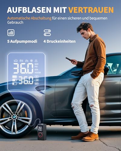 Powools Kabelloser Elektrische Luftpumpe, 150PSI Akku Kompressor Fahrradpumpe mit LED-Licht & Auto-Stopp, Wiederaufladbare Reifenpumpe für E-Bike, Auto, Motorrad, Bälle, Schwarz, Standard Capacity