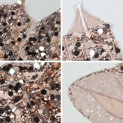 Image of Jigfar Women's Sexy Elegant Sparkly Sequins Spaghetti Straps V Neck Bodycon Maxi Dress(FK3393,Gold,3XL)