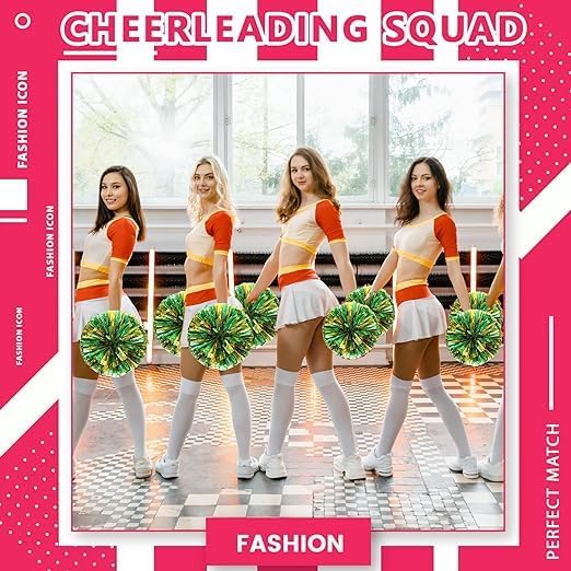 12 PCS Cheerleading Pom Poms, 30cm Cheerleader Pompoms with Baton Handle Cheering Squad Pompoms for School Dance Sports Team Spirit Cheering (Green+Gold)