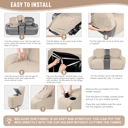 Image of KinCam Loveseat Recliner Covers with Middle Console Slipcover, Recliner Sofa Covers 2 Seat Couch Cover Stripe Jacquard Furniture Protector Covers with Elastic Bottom for Kids, Pets (Vanilla)