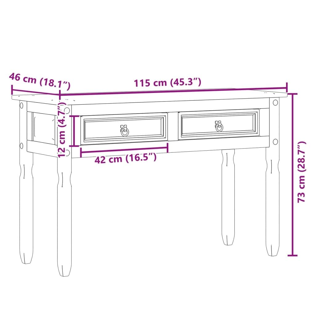 Mesa consola con 2 cajones, 115 x 46 x 73 cm, madera maciza de pino, mesa clásica con estante inferior y asas de metal, mesa de sofá estable para salón, pasillo o vestíbulo