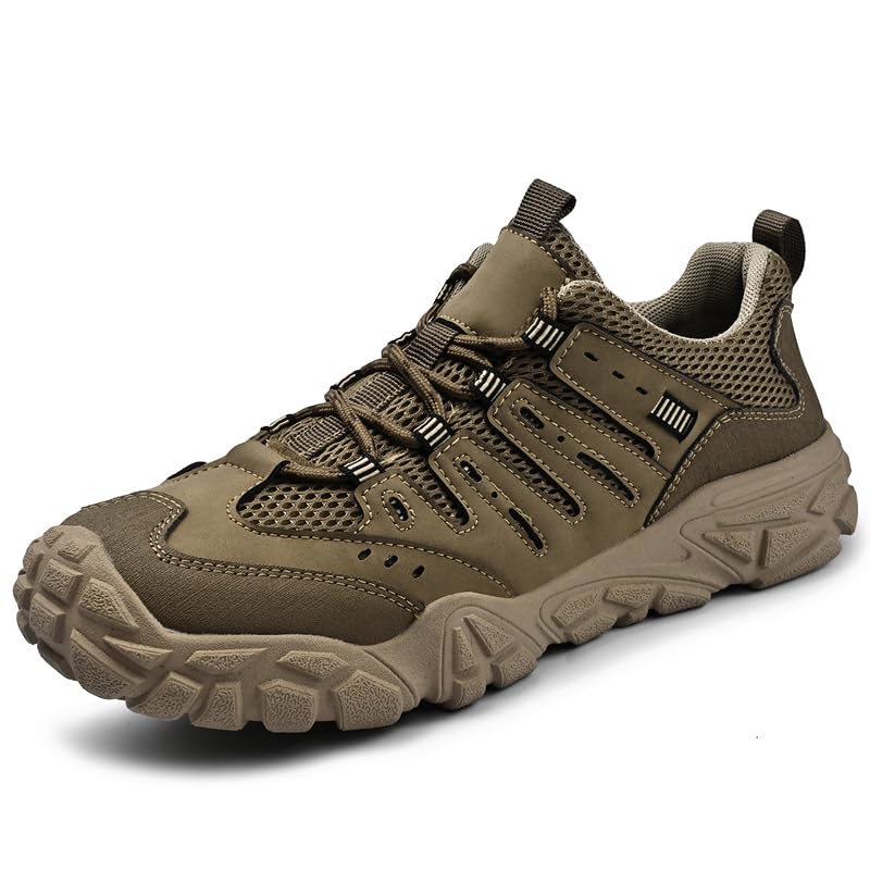 Mecolop Men's Leather Low-Top Hiking Shoe Lightweight Breathable Outdoor Walking Shoes for Men Khaki 9