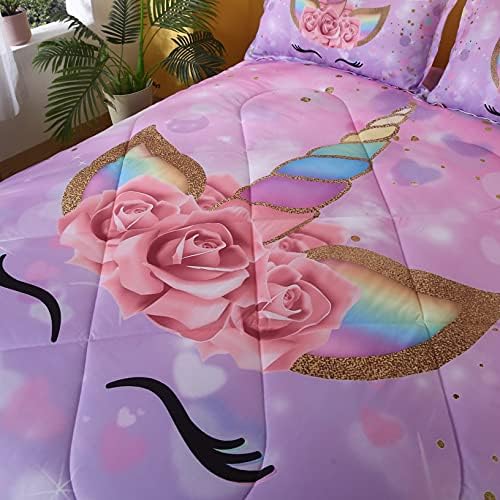 qjmiaofang Magical Unicorn Comforter Set Twin Size for Girls Cute Unicorn Kids Bedding Set Princess Floral and Hearts Pattern Bed Set 3 Pieces Girls Quilt Set with 2 Pillowcases Home Bedroom Decor 3 51jtPH2pIOL. AC