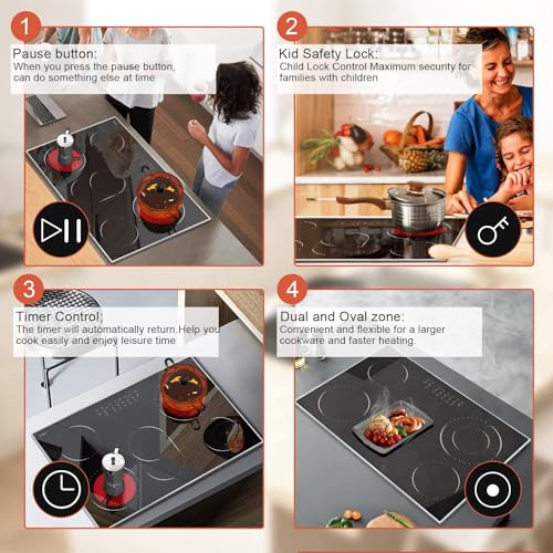 Image of Hobsir 30 Inch Electric Cooktop, 5 Burners Cooktop, Electric Stove Top Burner, 8400W Drop-in Electric Ceramic Stove with Glass Metal Frame, Timer, Safety Lock, 220-240V, Hard Wired (No Plug) 2024