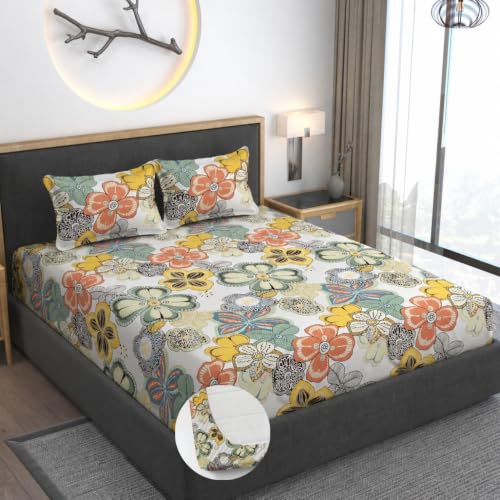 Image of Vaini Premium Heavy Cotton Elastic Fitted Bedsheets with 2 King Size Pillow Covers || Double Bed with All Around Elastic 350 (Cream Big Flower, 72x72 Inch King Fitted)