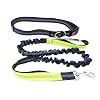 QitinDasen Premium Handsfree Hondenriem, Verstelbare Heupgordel + Dubbele Handgreep Uitschuifbare Bungee Leiband, Reflecterende Stiksels, voor Hardlopen, Wandelen (Grijs en Groen)