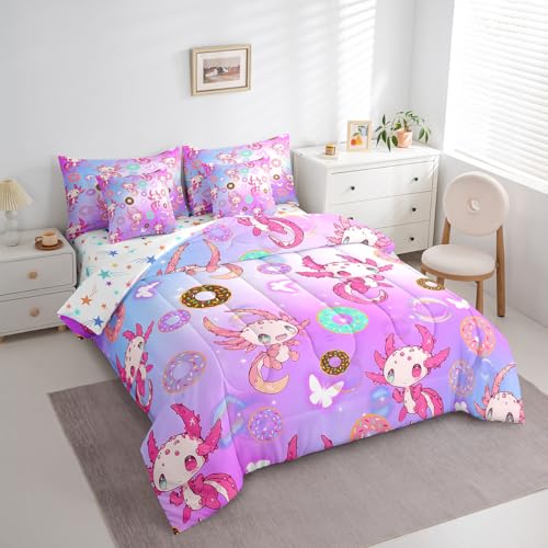 Image of Feelyou Kids Cute Axolotl 7 Pieces Bedding Set Queen Size, Dreamy Princess Bed in A Bag Kawaii Ocean Sealife Comforter Set with Sheets Boys Girls Butterfly Teens Bed Set Bedroom Decor 7Pcs