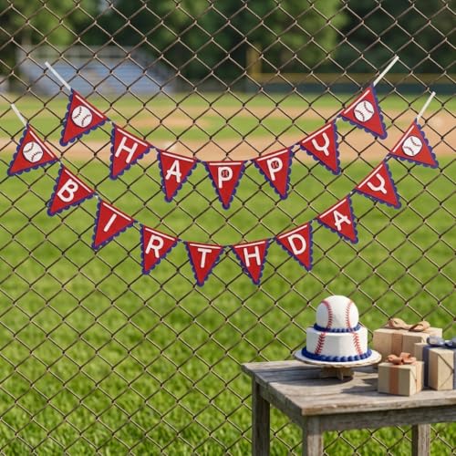 Image of Baseball Happy Birthday Banner Red Blue White Party Decorations,17Pcs Paper Bunting Birthday Supplies for Sports Theme Party,Baby Shower