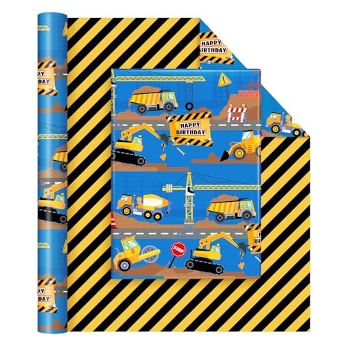 WERNNSAI Construction Truck Wrapping Paper Roll-1 Roll 17X 33 Ft Construction Birthday Gift Wrapping Paper for Kids Boys Reversible Tractor Truck Gift Wrap WithStriped Design for Party Decoration