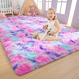 AROGAN Soft Rainbow Area Rugs for Girls Room 3×5 Feet, Fluffy Cute Colorful Princess Carpet for Kids Teens Nursery Toddler,Bedroom Hot Pink