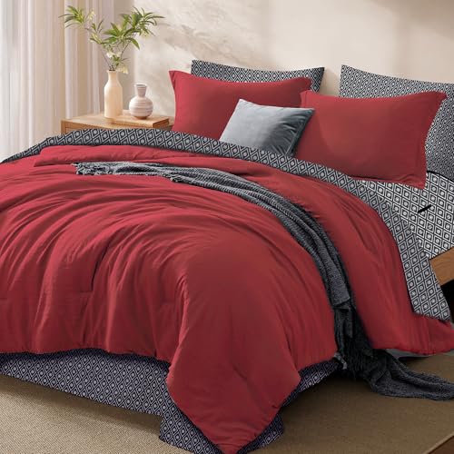 Image of Monbix Full Size Comforter Sets-7 Pieces Soft Bed in a Bag Full Bedding Set | All Season Red Prewashed Comforter Bed Set with Striped Sheets, Pillowcases & Shams