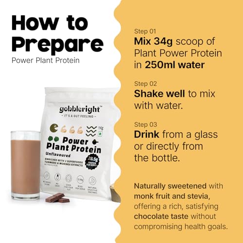 Image of GOBBLERIGHT Plant Based Protein Powder Unflavoured 1kg | No Added Sugar | Isolate & Concentrate Pea Rice Protein with Turmeric & Moringa | 5.59g BCAA | No Bloat & Gut Friendly | Vegan & Gluten Free