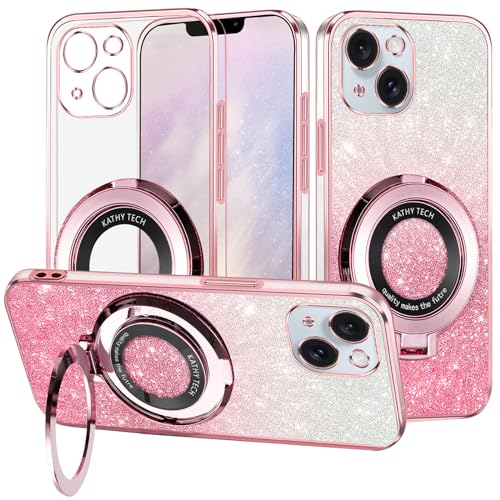 Protection silicone iPhone 13 Mini transparente rose brillant avec bague de support aimantée