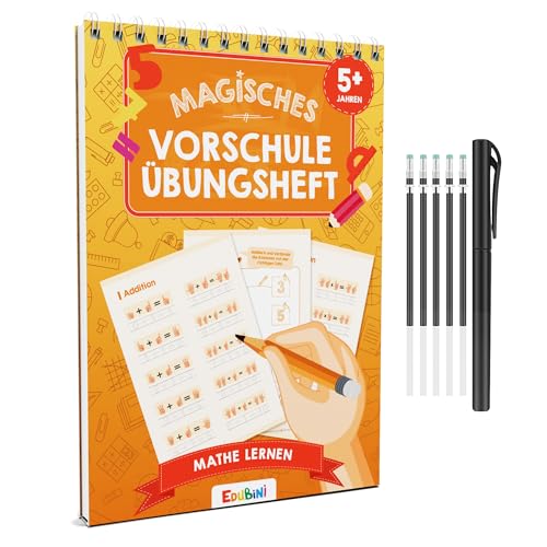 Edubini Magische Vorschule Übungshefte ab 5 Jahren für Junge & Mädchen - [Heft + Stift] - Wiederverwendbare Schreiblernhefte für Vorschule - Addition lernen