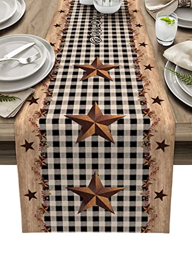 Image of Farmhouse Table Runner,Rustic Barn Western Texas Star Berries Black White Buffalo Plaid Country Burlap Dresser Runner Dining Table Scarf,Small Table Runner for Home Party Decoration, 13x48 Inch