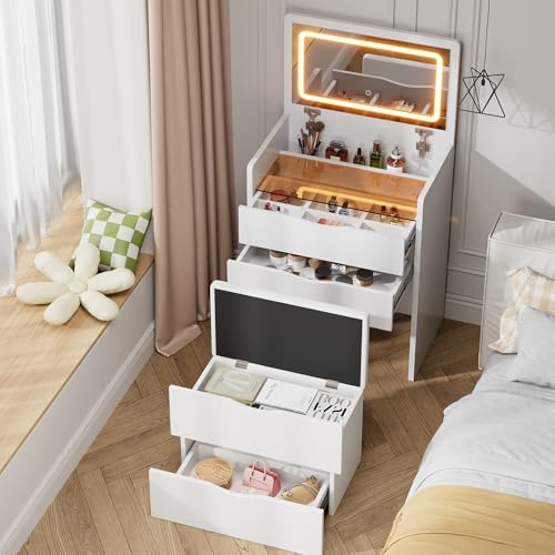 Mr IRONSTONE Compact Vanity Desk with Mirror and Lights Hidden Makeup Vanity Cabinet with Storage Drawers & Shelves Small Vanity Table for Bedroom Flip Top Vanity for Small Spaces White