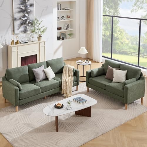 Tbfit Linen Couch Set for Living Room, 3 Seater Mid Century Moder...