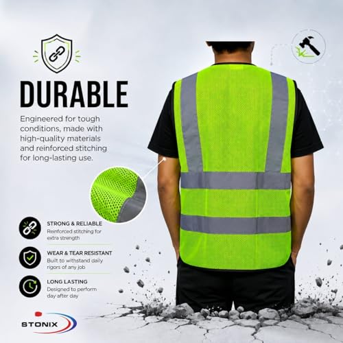 Image of STONIX High Visibility Safety Jacket for Men - Reflective Work Vest with Pockets, Breathable & Durable for Construction, Industrial & Outdoor Work, (Green, Pack of 1,2,5)