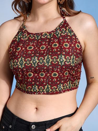 Image of Yash Gallery Women's Regular Fit Cotton Geomatrical Handblock Printed Freesize Backless Sleeveless Blouse