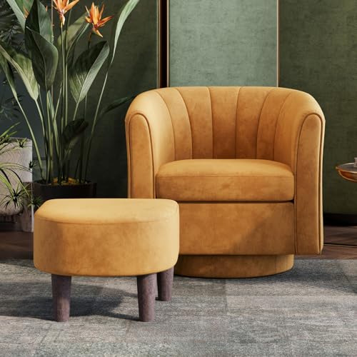 LINSY Swivel Accent Chair with Ottoman: Small Velvet Barrel Chair 360 Swivel Modern Armchair...