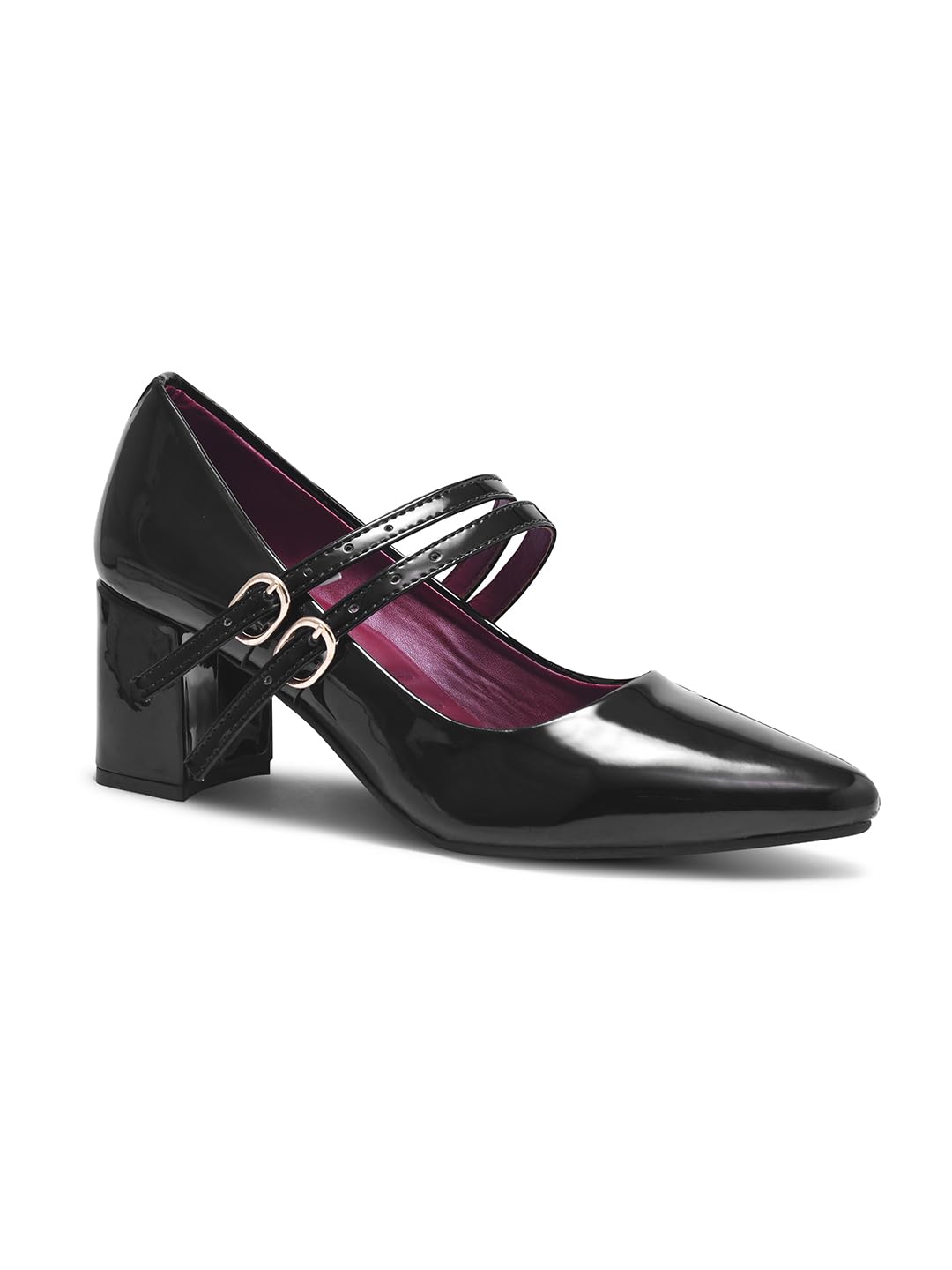 Mary Jane Pumps Two Strap Pointed Toe Black Chunky Block Heel Shoes-image-45