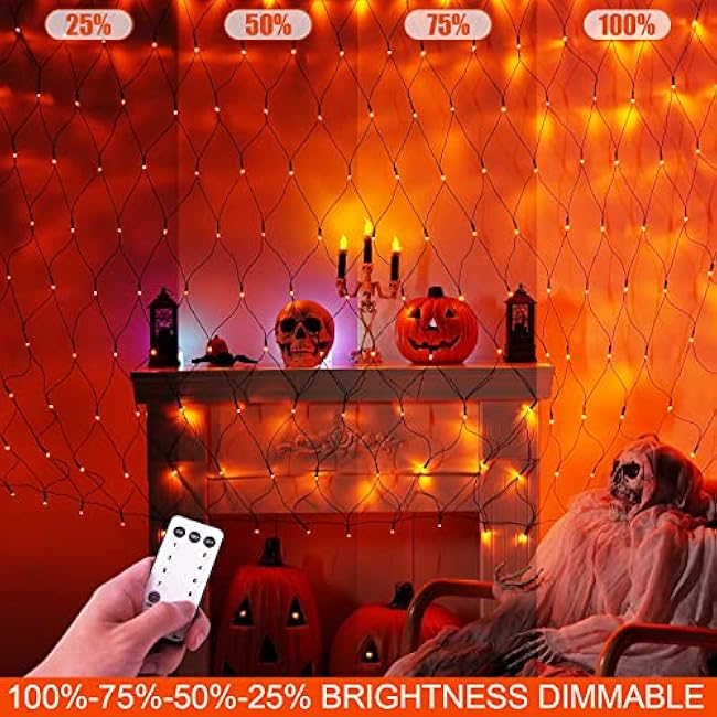 JMEXSUSS 360 LED 12ft x 5ft Halloween Net Lights, Connectable Orange Net Lights Outdoor Mesh Light with Remote, 8 Modes Plug in Orange Bush Light for Bushes Shrubs Halloween Decorations