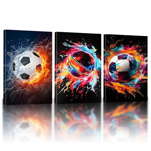KiKiHong 3 Pièces Affiche Football Basketball Chambre Garcon avec Cadre,Deco Chambre Ado Garcon - Affiches Sportives Vibrantes pour la Décoration de la...