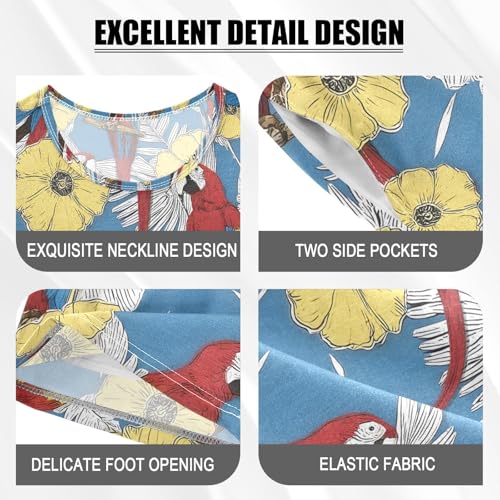 Red Parrot Retro Pattern Summer Cute Pajama Sets, Short Sets for Daily Wears and Sleep Wears4