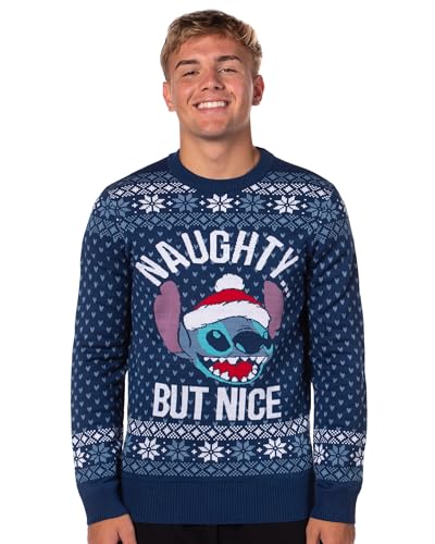 Disney Lilo and Stich Men's Naughty But Nice Ugly Christmas Holiday Knit Sweater Pullover