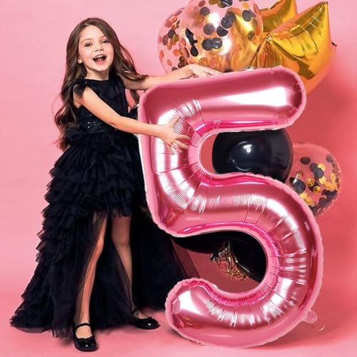 Image of 40 Inch Giant Hot Pink Number Balloon, Mylar Foil Helium Hot Pink Balloons for Birthday Party, Number 5 Balloon for Birthday Decorations, Hot Pink 5 Birthday Balloon