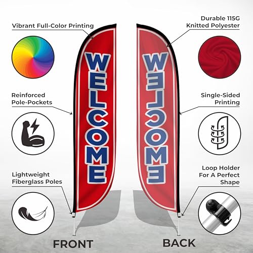 Image of LookOurWay Feather Flag Set, 12 ft Advertising Flag with Fiberglass Poles and Ground Spike for Business Promotion, Welcome (Red)