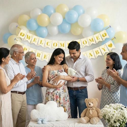 Image of Party Propz Baby Boy Welcome Home Decoration Kit - 32 Pcs Welcome Home Parents & Baby Banner Set with Pastel Balloons, Cradle Ceremony Decoration Items, It's a Boy Decoration (Cardstock, Latex)