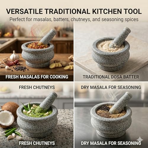 Image of Nakshathra Stone Mortar and Pestle for Kitchen, Handcrafted Heavy Kharal Musal, Traditiaonal Grinder for Crushing Spices, Garlic, Ginger, Herbs, Ideal Khalbatta for Daily Use (6 inch /15.24 cm)