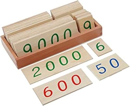 Adena Montessori Materiales: tarjetas de números de madera pequeñas con caja (1-9000)